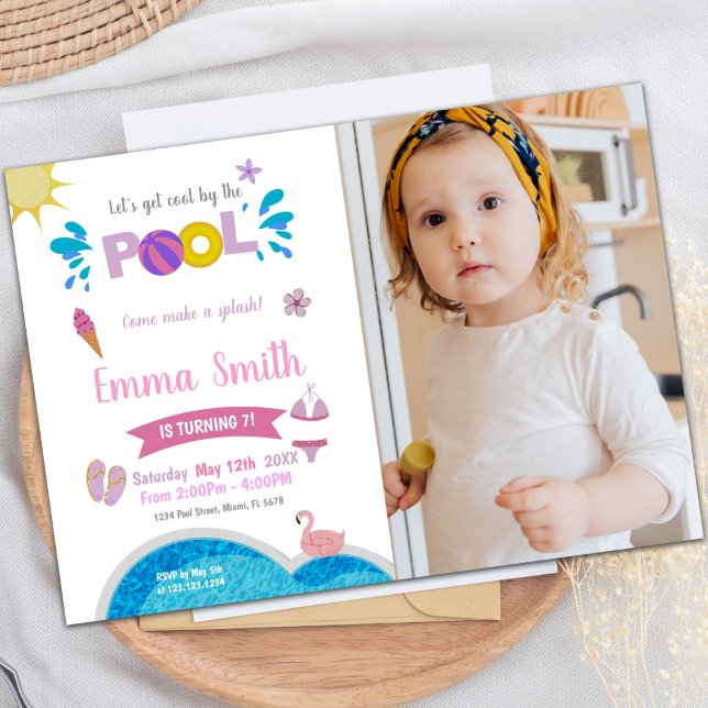 Customisable Pool Party Invitations for Kids (Sun Pink Purple Pool Birthday Invitations w photo)