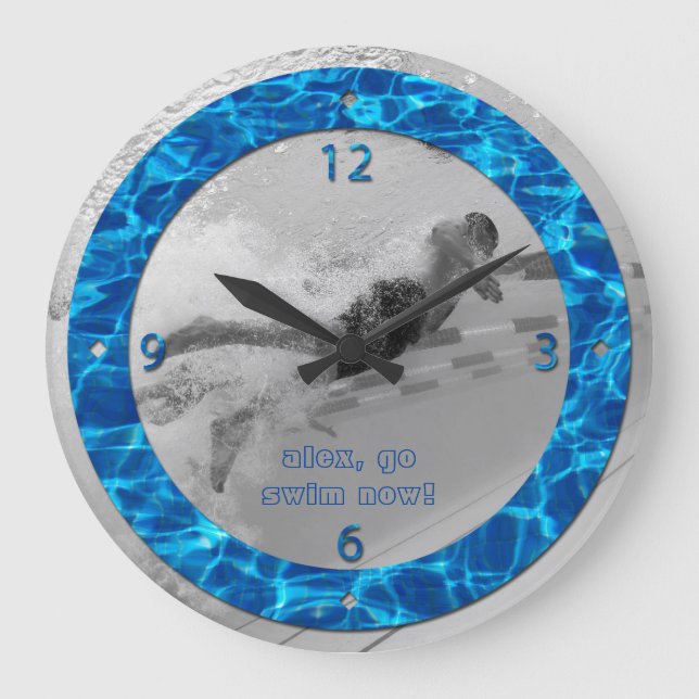 Customisable Pool Water Photo Frame Deep Blue Swim Large Clock (Front)