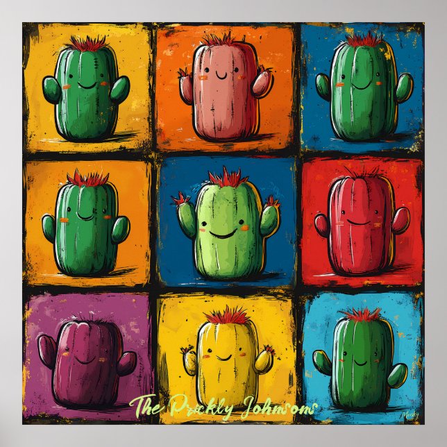 Customisable Pop Art Cactus Grid Wall Art (Front)