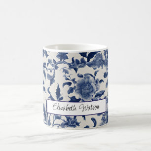 Customisable Porcelain Elegance: Blue Floral Coffee Mug
