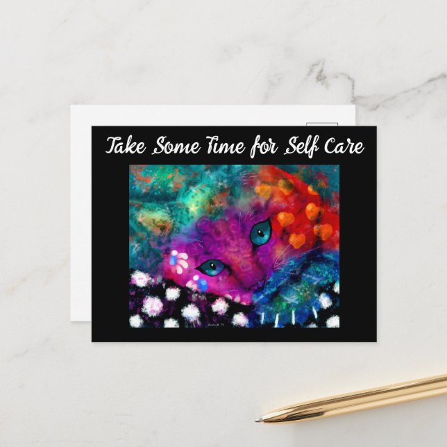 Customisable Postcard - Whimsical Cat Self Care (Front/Back In Situ)