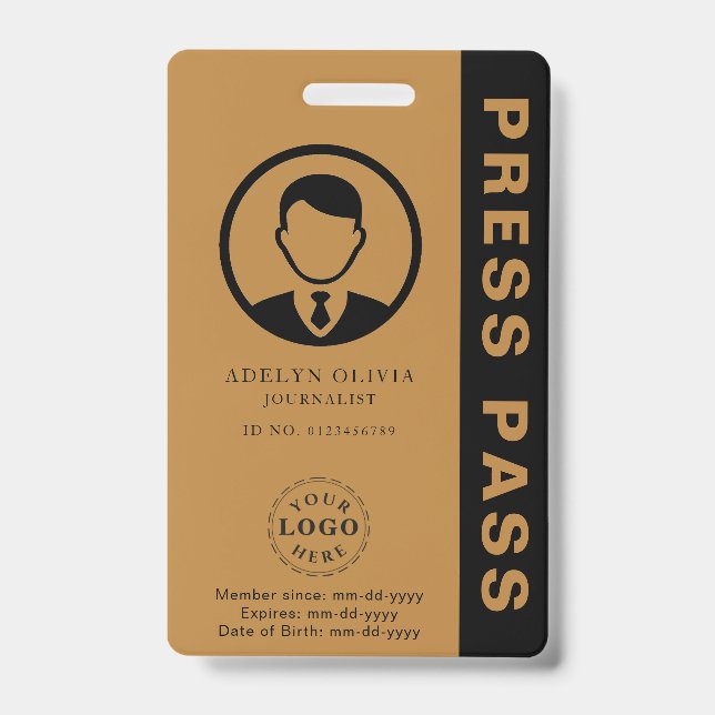 Customisable Press Pass with Photo ID & Barcode Badge (Front)