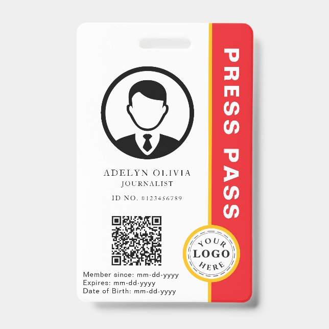 Customisable Press Pass with Photo ID & QR Code Badge (Front)
