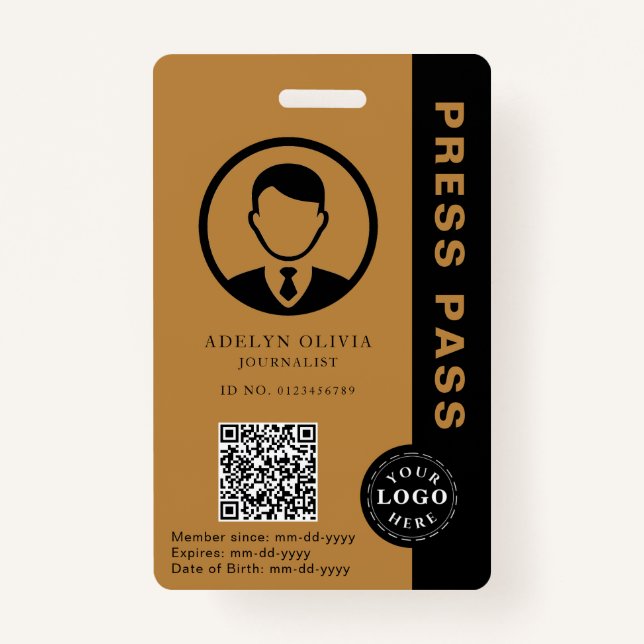 Customisable Press Pass with Photo ID & QR Code ID Badge (Front)