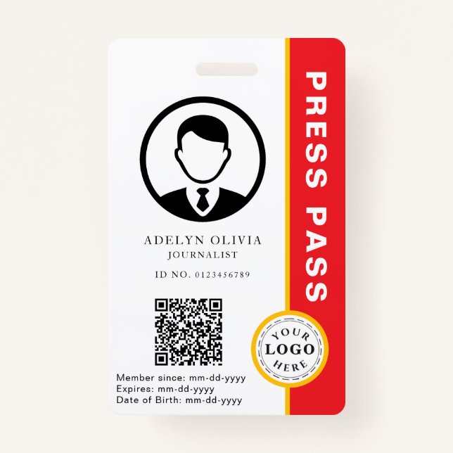 Customisable Press Pass with Photo ID & QR Code ID Badge (Front)