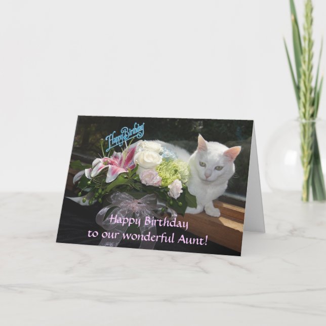 Customisable Pretty Cat/Flowers Birthday Card (Front)
