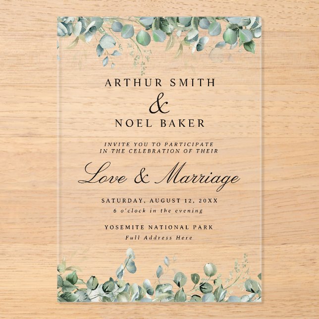 Customisable Pretty Eucalyptus Wedding  Acrylic Invitations (Front)