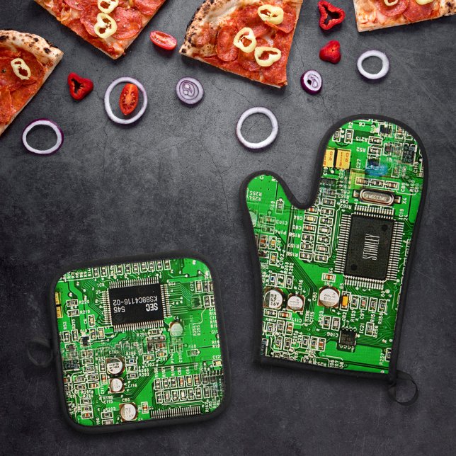 Customisable Printed Circuit Board - Green Geeky Oven Mitt & Pot Holder Set (Creator Uploaded)