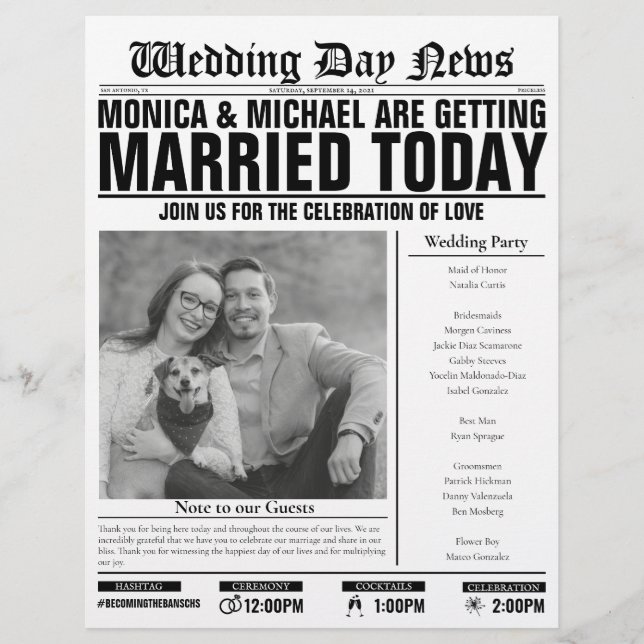 Customisable Printed Wedding Newspaper Program (Front)