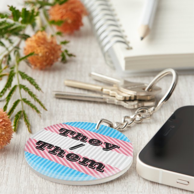 Customisable Pronoun Boho Stripe Transgender Pride Key Ring (Front Right)