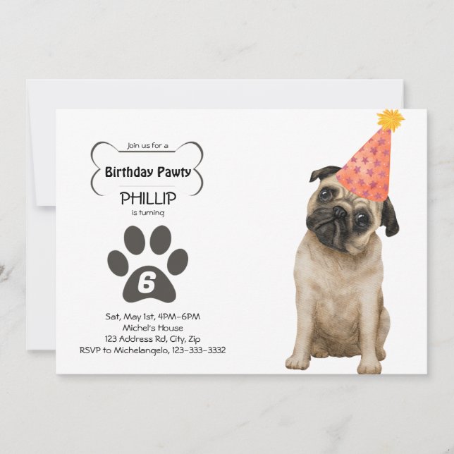 Customisable Pug Birthday PAWTY  Invitation (Front)