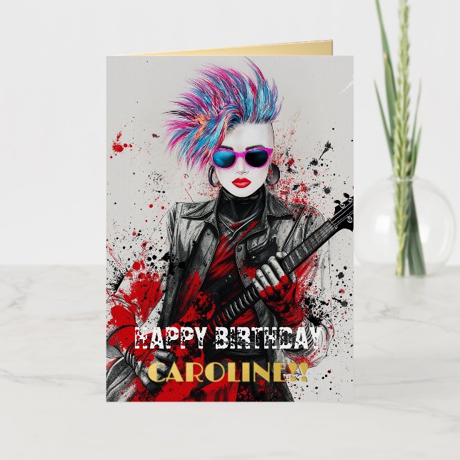 Customisable Punk Girl Guitarist Art Inspirational Foil Greeting Card (Front)