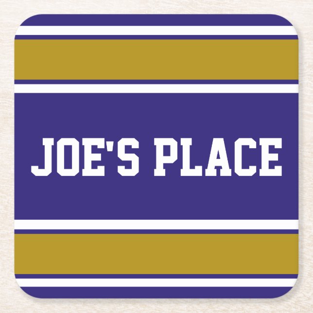 Customisable Purple and Old Gold Sports Stripes Square Paper Coaster (Front)