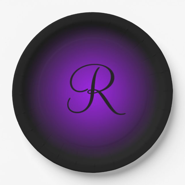 Customisable purple black monogram paper plates (Front)