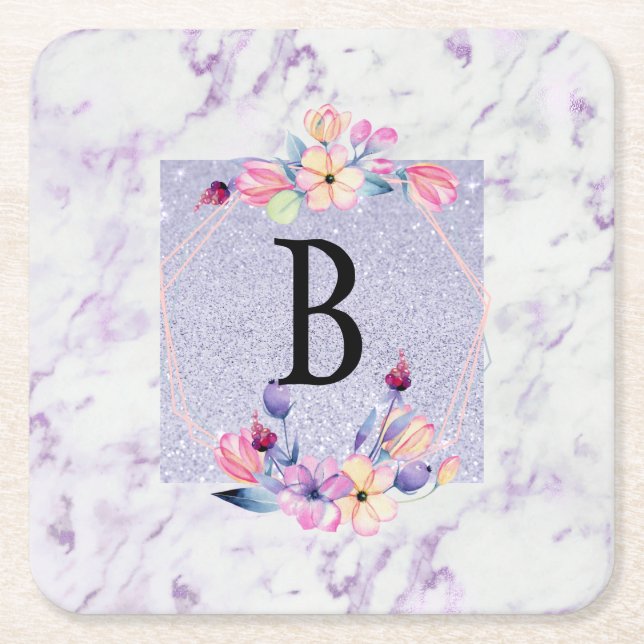 Customisable Purple Chic Monogram Can Cooler Square Paper Coaster (Front)