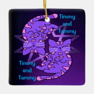 Customisable Purple Gemini Retro Neon Kittens Ceramic Ornament