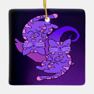 Customisable Purple Gemini Retro Neon Kittens Ceramic Ornament