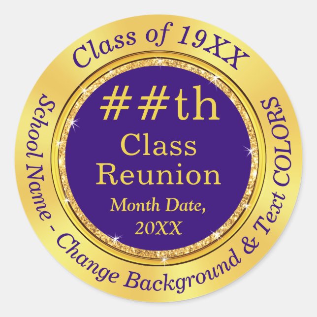Customisable, Purple Gold, Class Reunion Stickers (Front)