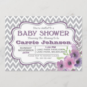Customisable Purple & Grey Chevron Baby Shower Invitation