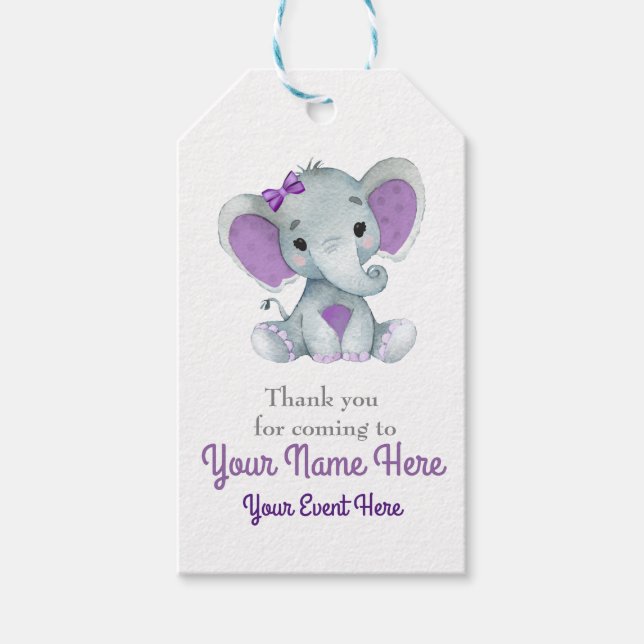 Customisable Purple Grey Elephant Thank You Tag (Front)