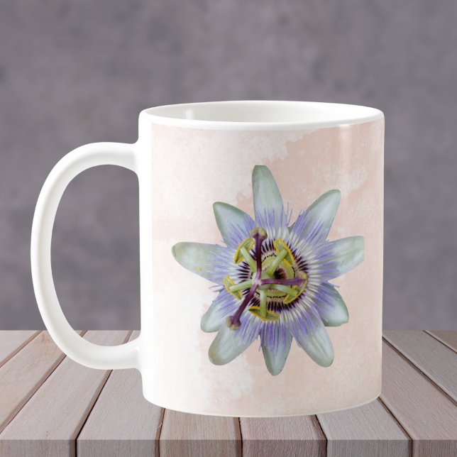 Customisable Purple Passion Flower Coffee Mug (Purple passion flower coffee mug with pink watercolor background design. Customizable name)
