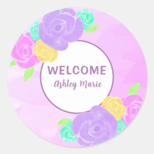 Customisable Purple Watercolor Floral Baby Shower  Classic Round Sticker