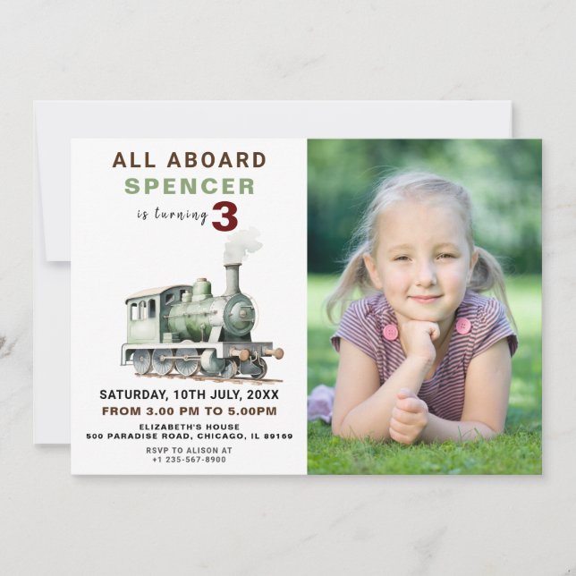 Customisable Railway-Themed Birthday Photo Invite (Front)