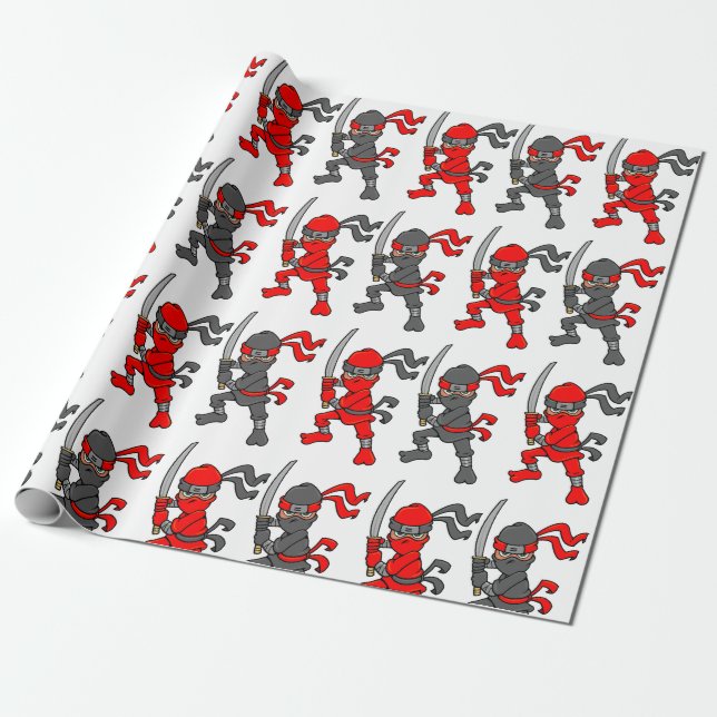 Customisable Red and Black Ninjas Design Wrapping Paper (Unrolled)