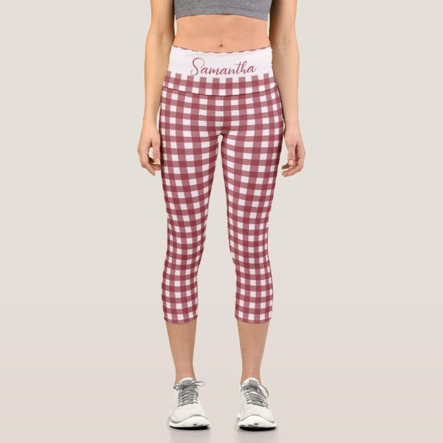 Customisable Red and White Checkers Pattern Capri Leggings (Front)