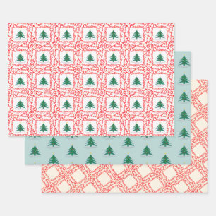 Customisable Red and White Merry Christmas Tree Wrapping Paper Sheet