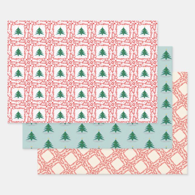 Customisable Red and White Merry Christmas Tree Wrapping Paper Sheet (Set)