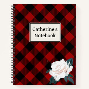 Customisable Red Buffalo Plaid White Rose Notebook