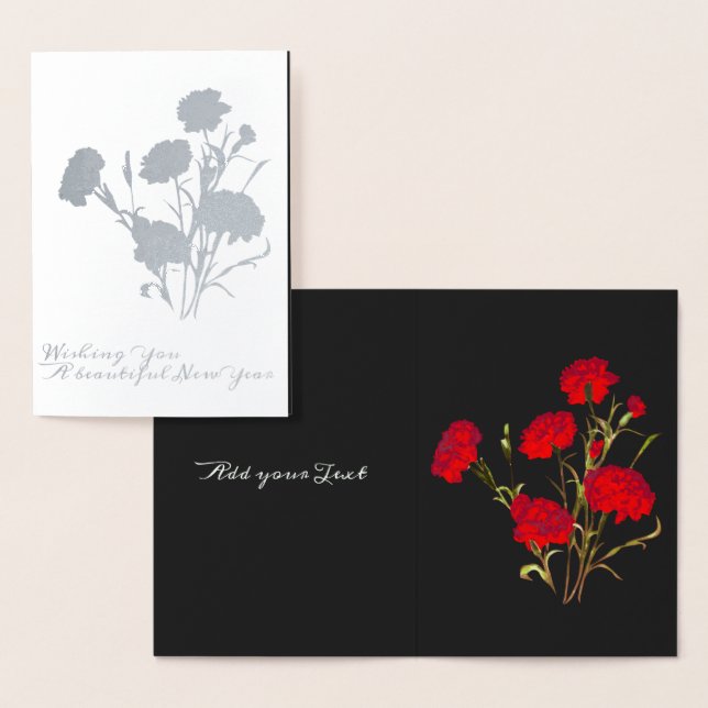 Customisable Red Carnation Floral Black New Year Foil Card (Display)