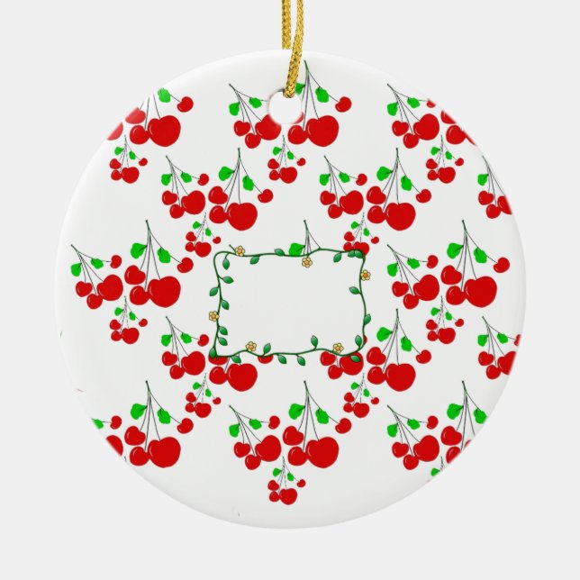 Customisable red cherry pattern accessories LeahG Ceramic Tree Decoration (Front)