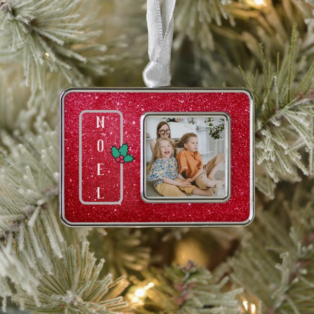 Customisable Red Glitter Family Photo Silver Plated Framed Ornament (Tree)