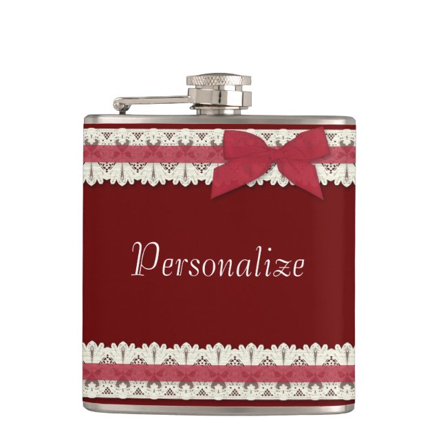 Customisable red lace ribbon bow flask (Front)