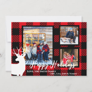 Customisable Red Plaid White Deer Christmas Card