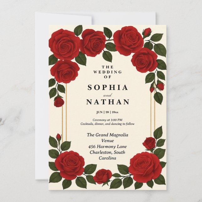 Customisable Red Rose Wedding Invitation | Elegant (Front)