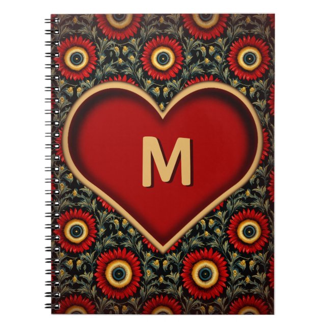 Customisable Red Vintage Heart Monogram Notebook (Front)