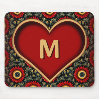 Customisable Red Vintage Monogram Heart Mousepad