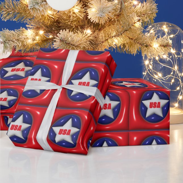 Customisable Red White and Blue Star USA  Wrapping Paper (Holidays)