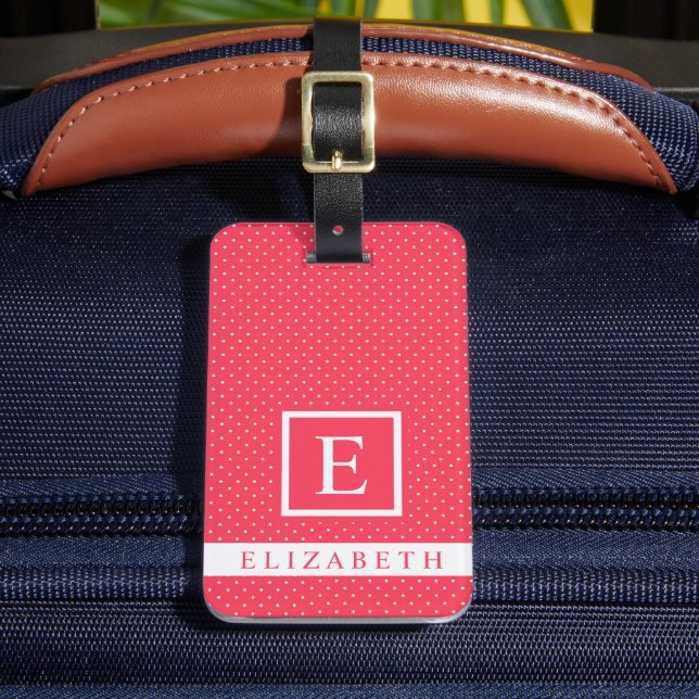 Customisable Reddish Pink White Polka Dot  Luggage Tag (Front Insitu 2)