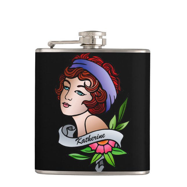 customisable redhead gypsy girl tattoo flask (Front)