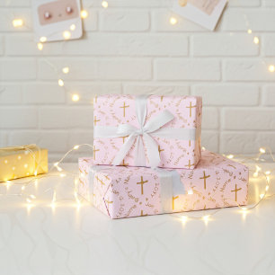 Customisable Religious Golden Cross on Misty Rose Wrapping Paper