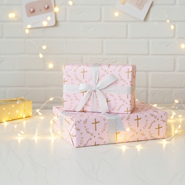 Customisable Religious Golden Cross on Misty Rose Wrapping Paper (Creator Uploaded)