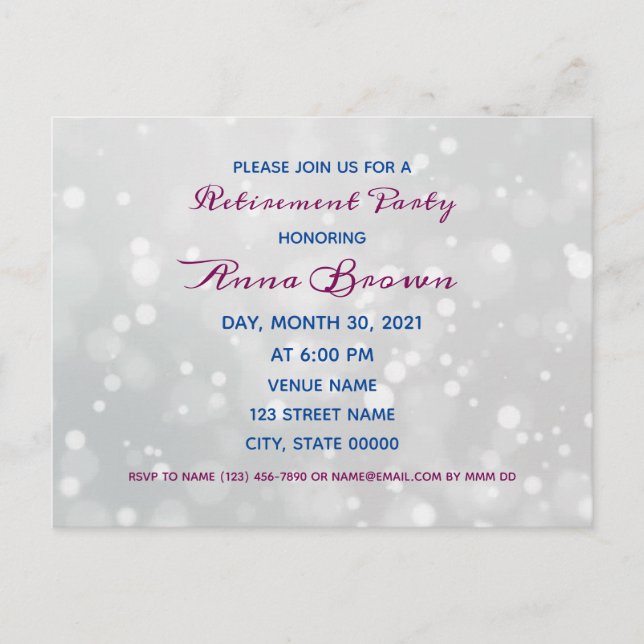 Customisable retirement achievement party bokeh postcard (Front)