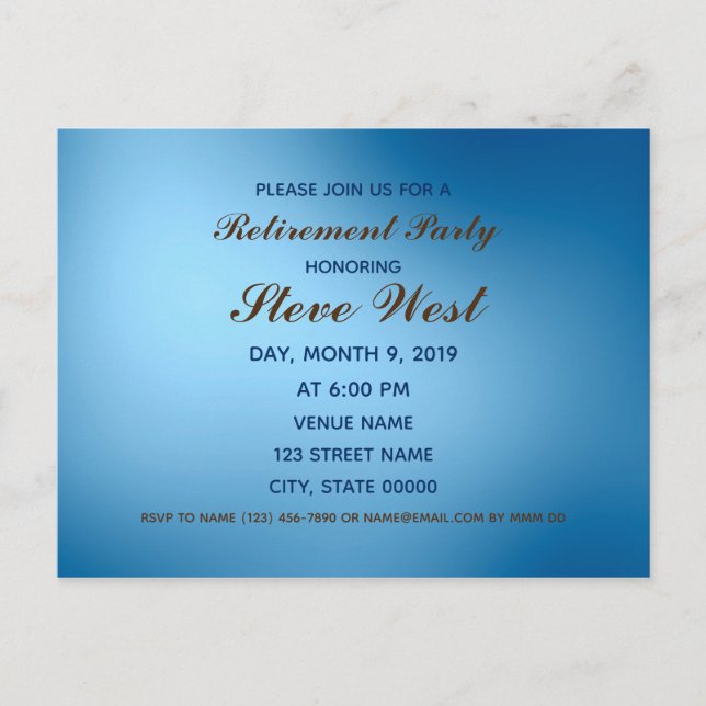 Customisable retirement invitation blue gradient postcard (Front)