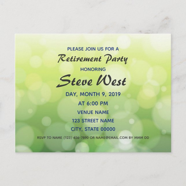 Customisable retirement invitation green bokeh postcard (Front)
