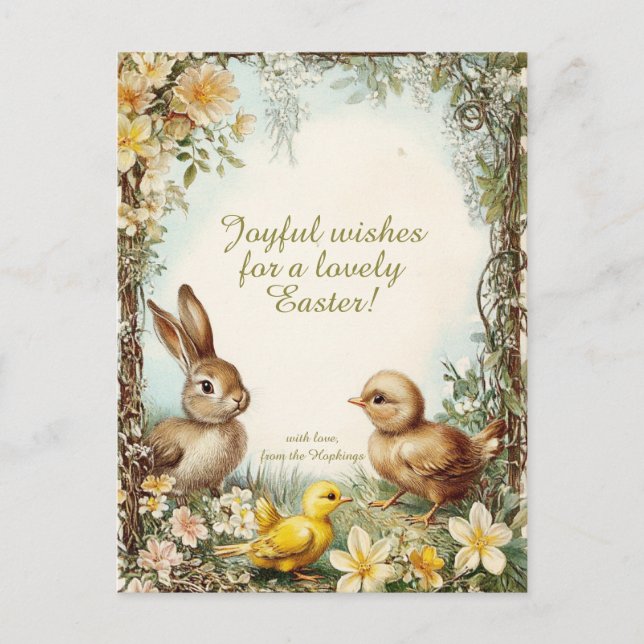 Customisable 🐇Retro Bunny & Chicks Delight Holiday Postcard (Front)