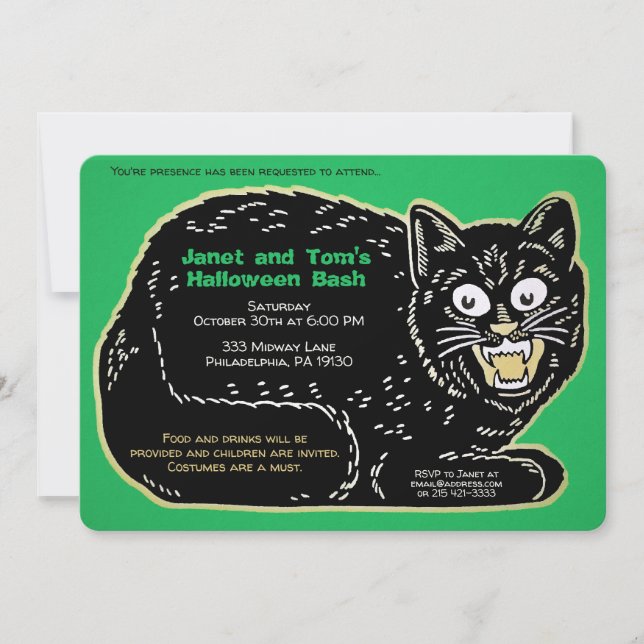 Customisable Retro Halloween Cat Invitation (Front)